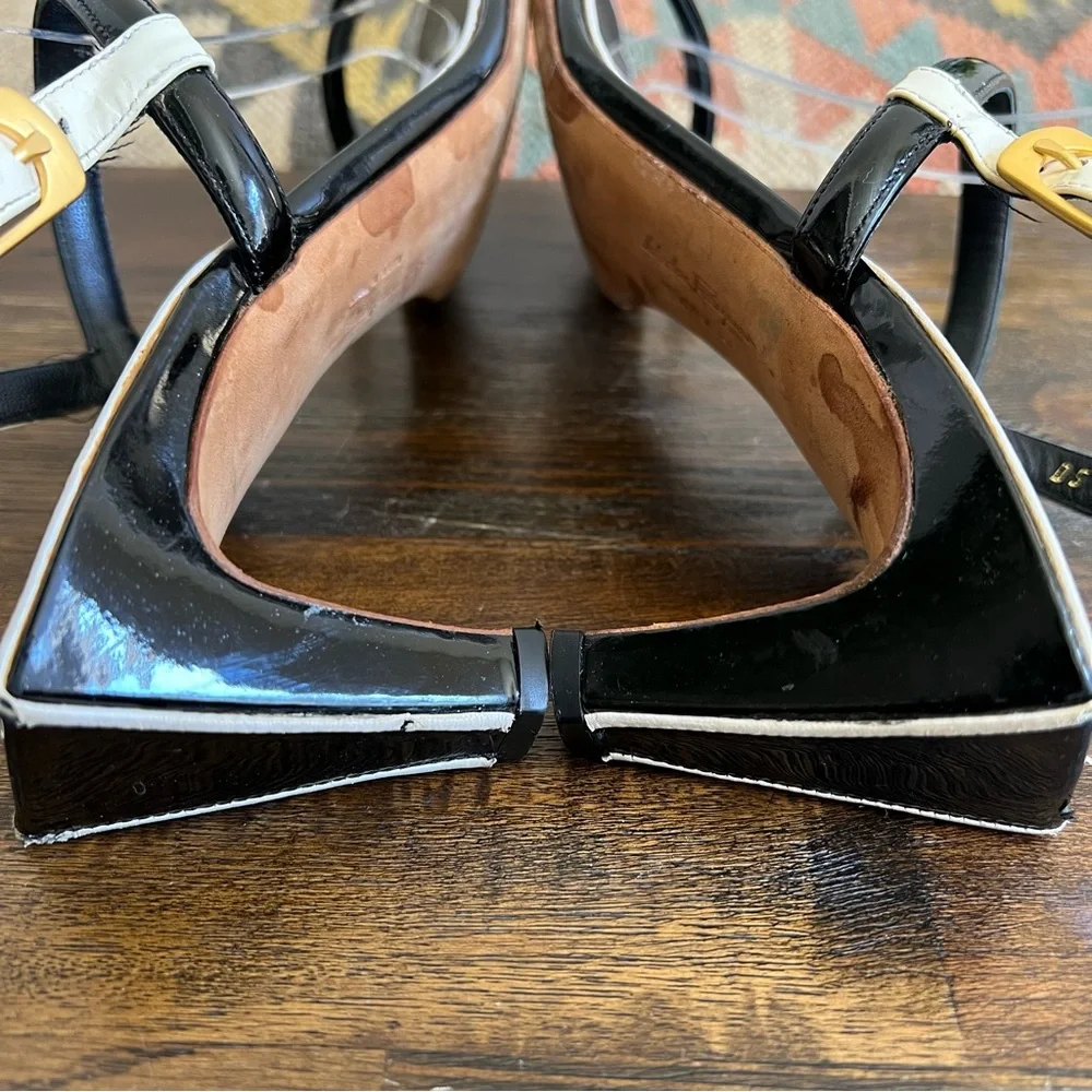 Salvatore Ferragamo Black Leather White Trim Strappy Slingback Sandals 9.5B